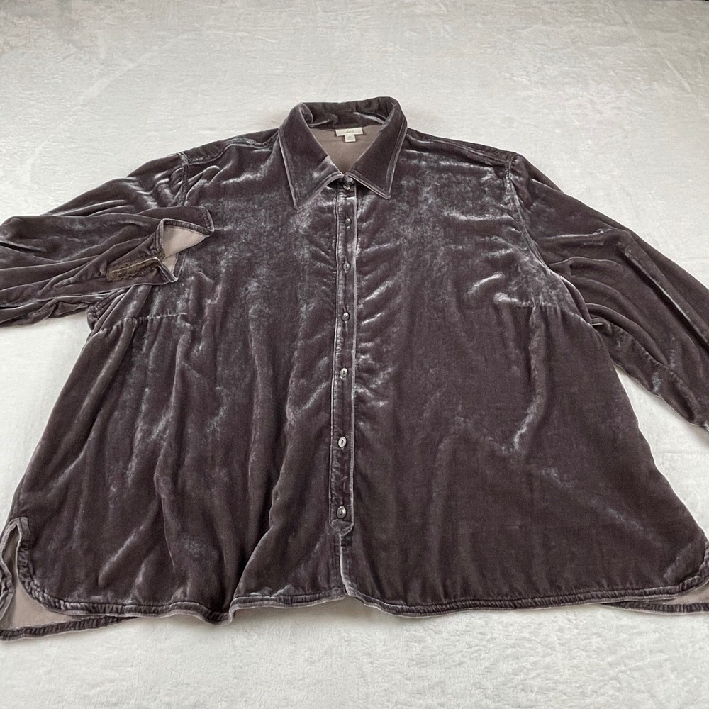 JJill Womens Charcoal Grey Crushed Velvet Button Down Shirt‎ Lace Trim Oversized